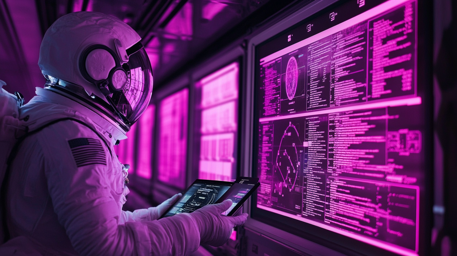 Ein Astronaut in einem Raumanzug steht vor Bildschirmen, die in einem leuchtenden Pink strahlen. Er hält ein Tablet und betrachtet die Daten.