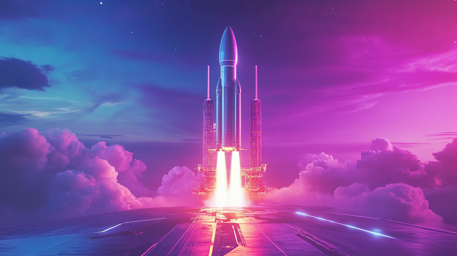 Eine futuristische Rakete hebt vor einem bunten, wolkigen Himmel ab. Leuchtende Triebwerksflammen erzeugen ein spektakuläres Lichtspiel.